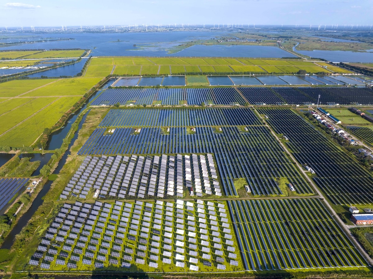 Photovoltaic panels that revolve to increase exposure to the sun and generate energy more efficiently energy than fixed panels, in Huai 'an city, Jiangsu province, China