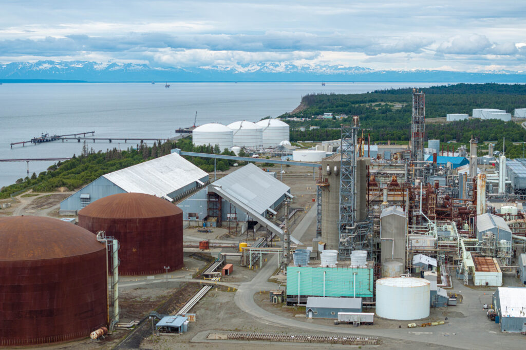 Offshore petroleum platforms stand in Cook Inlet beyond the shuttered Agrium fertilizer plant and the Kenai liquified natural gas plant on July 1 in Nikiski. Credit: Loren Holmes/ADN