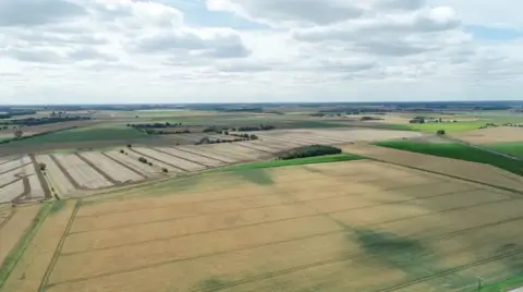 BBC Aerial view of the Lincolnshire Fens landscape. 