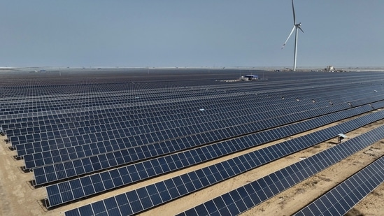 An aerial view of the world’s largest renewable energy plant, the 30 GW Khavda Renewable Energy Park, in Kutch.(ANI)