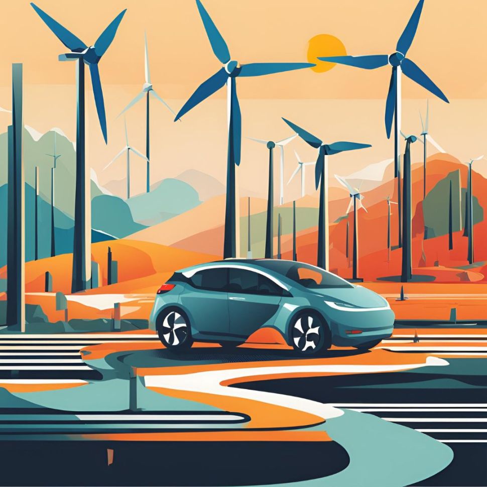 Colorful illustration of electric vehicle with wind turbines