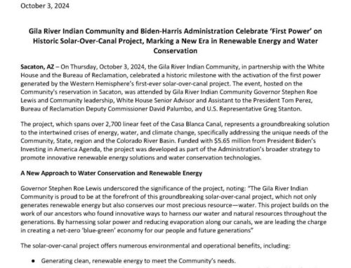 Gila River Indian Community and Biden-Harris Administration Celebrate ‘First Power’ on Historic #Solar-Over-Canal Project, Marking a New Era in Renewable Energy and Water Conservation