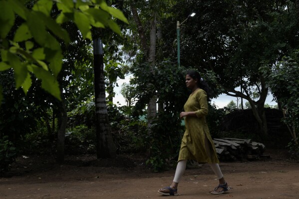 Shobha R, who works as a teacher at Swami Vivekananda Youth Movement, a nonprofit that works to help poor and Indigenous communities, walks past a solar light run by a refurbished lithium-ion batteries in Kenchanahalli, India, Monday, Sept. 23, 2024. (AP Photo/Aijaz Rahi)