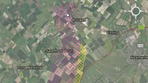 Kingsway Solar Image shows map of Burwell, Swaffham Prior, Exning, Newmarket and Long Meadow. A pink and yellow area is criss-crossed on the map to show the connection corridor as it comes from the south towards Burwell.