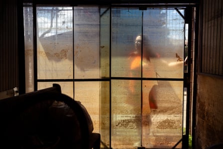 A woman seen through a discoloured screen or window 