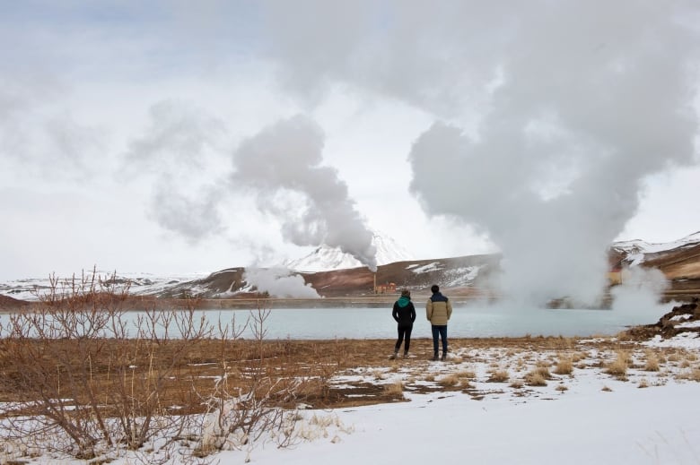 We see the backs of two people in a snowy dead grassy landscape looking out at an energy plant where steam is rising.