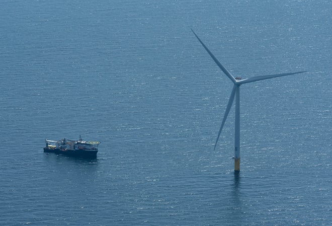 An offshore supply boat sits off one of the Vineyard Wind turbines south of Marth's Vineyard.