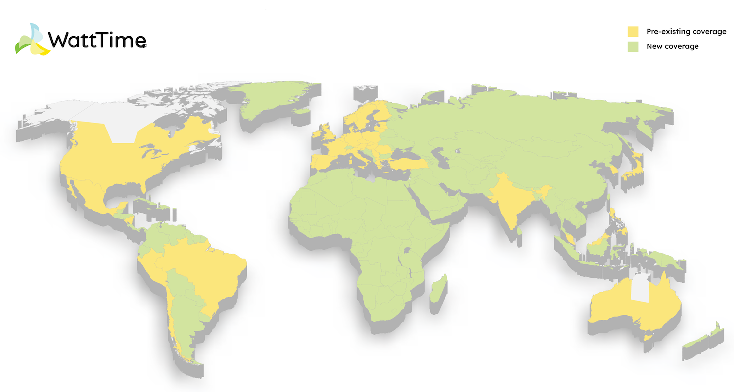 A map of the countries that WattTime's marginal emissions data recently expanded coverage to.