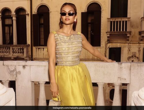Natasha Poonawalla Stuns In An Ochre Slubbed Silk Gown At Jeff Bezos And Lauren Sanchez’s