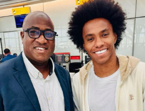 Environment minister Ibrahim Murtala meets ex-Chelsea star Willian at Heathrow Airport