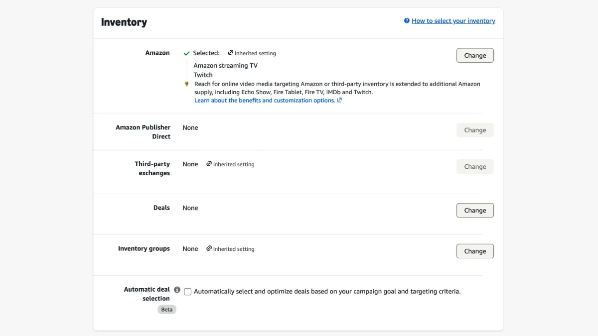Amazon DSP auto deal selection picks streaming TV inventory by itself