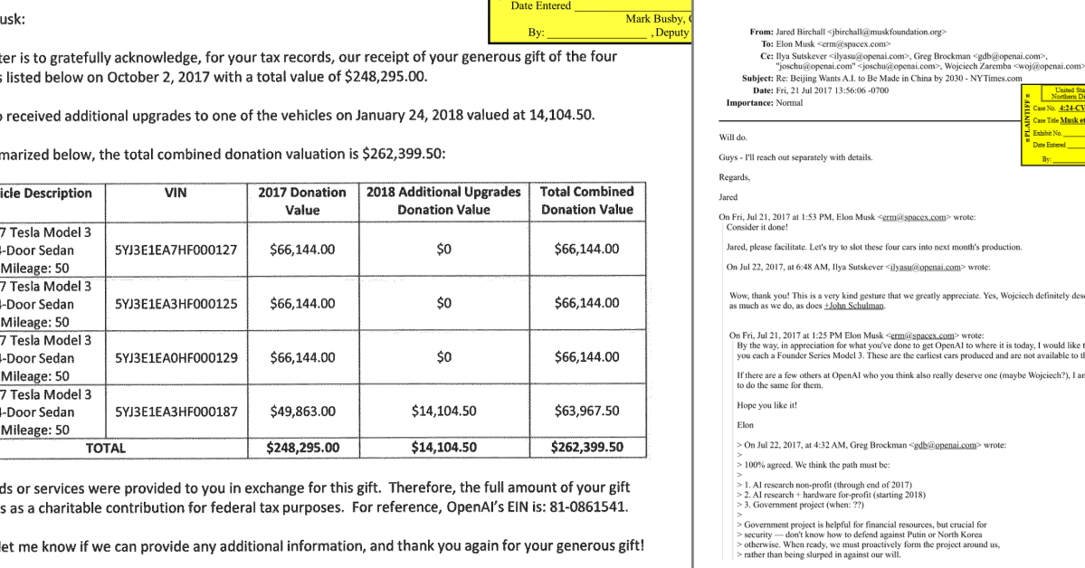 OpenAI Tesla receipts and other Musk v. Altman documents.