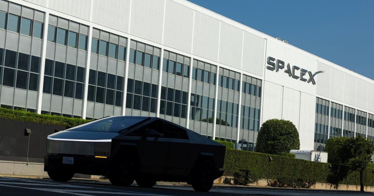 Tesla cybertruck outside SpaceX facility in Hawthorne