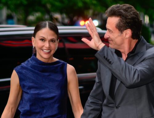 Sutton Foster Sports a Navy Satin Dress in an Outing With Hugh Jackman—Get the Look With a $46 Amazon Dupe!